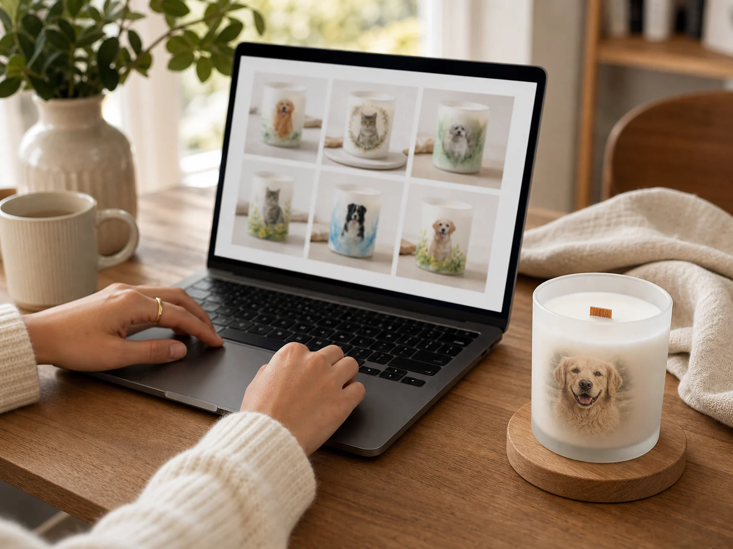 A person choosing pet memorial candle designs on a laptop beside a warm frosted glass candle