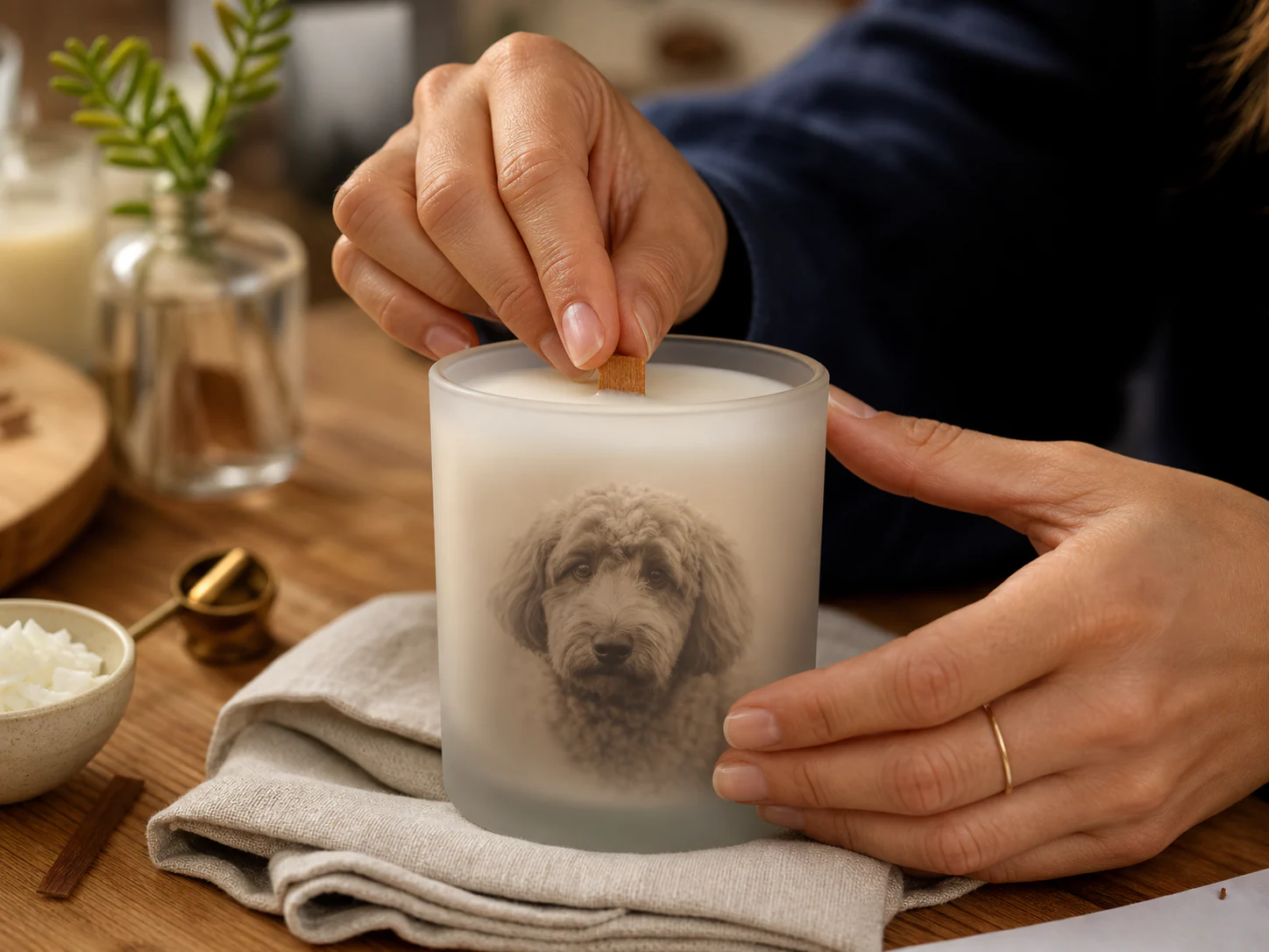Hands finishing a frosted glass photo candle with coconut wax and a wooden wick