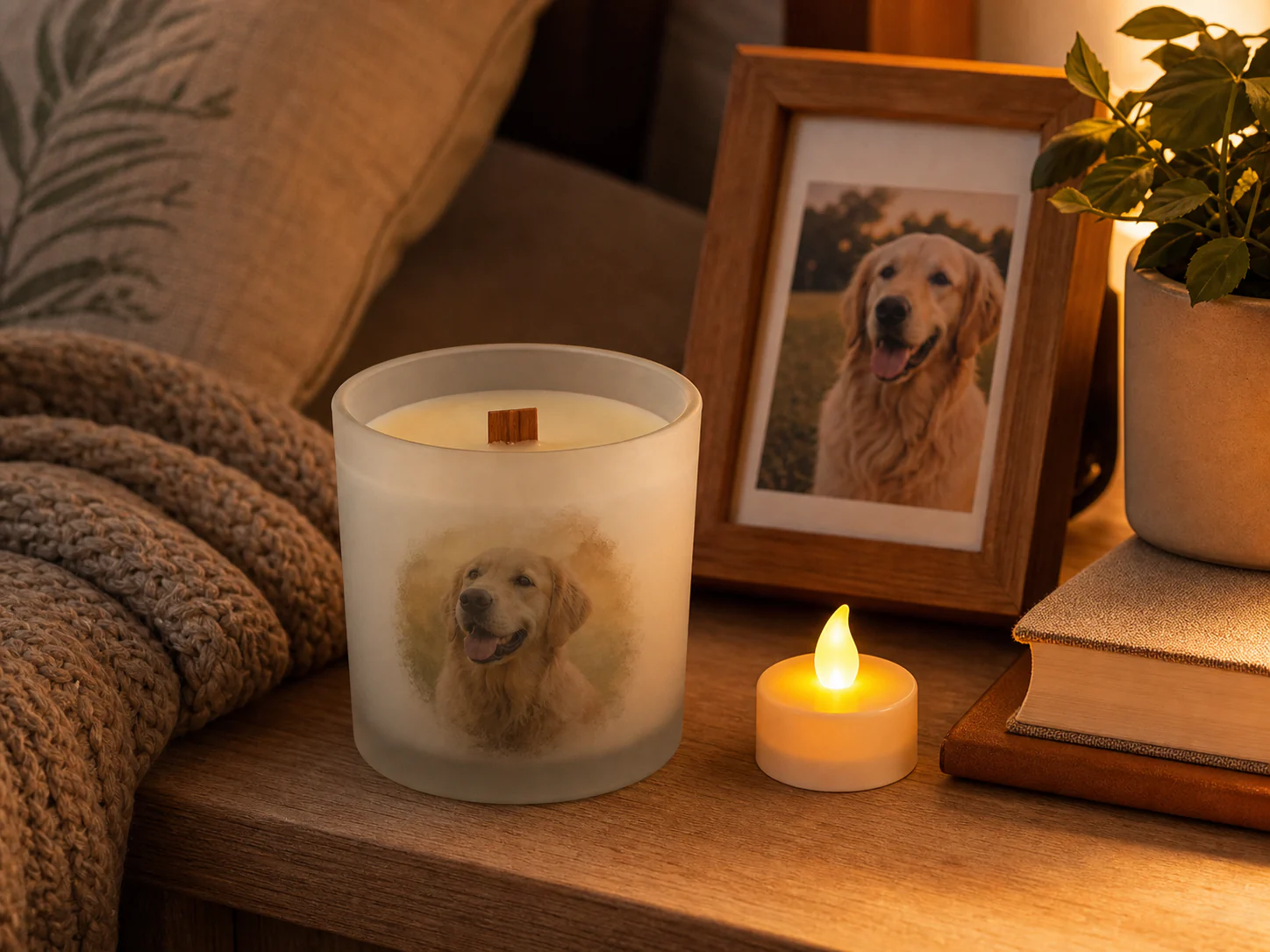 An unlit pet photo candle placed in a calm home setting with a battery-operated light