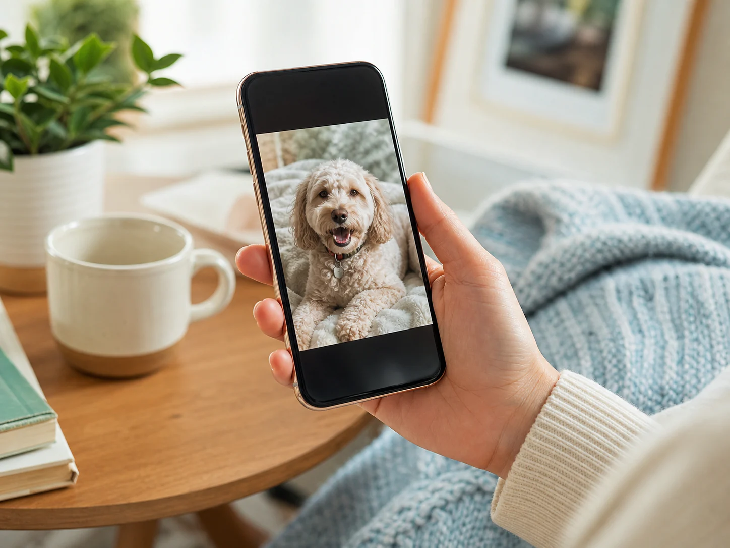 A hand holding a phone with a candid pet photo in a soft home setting