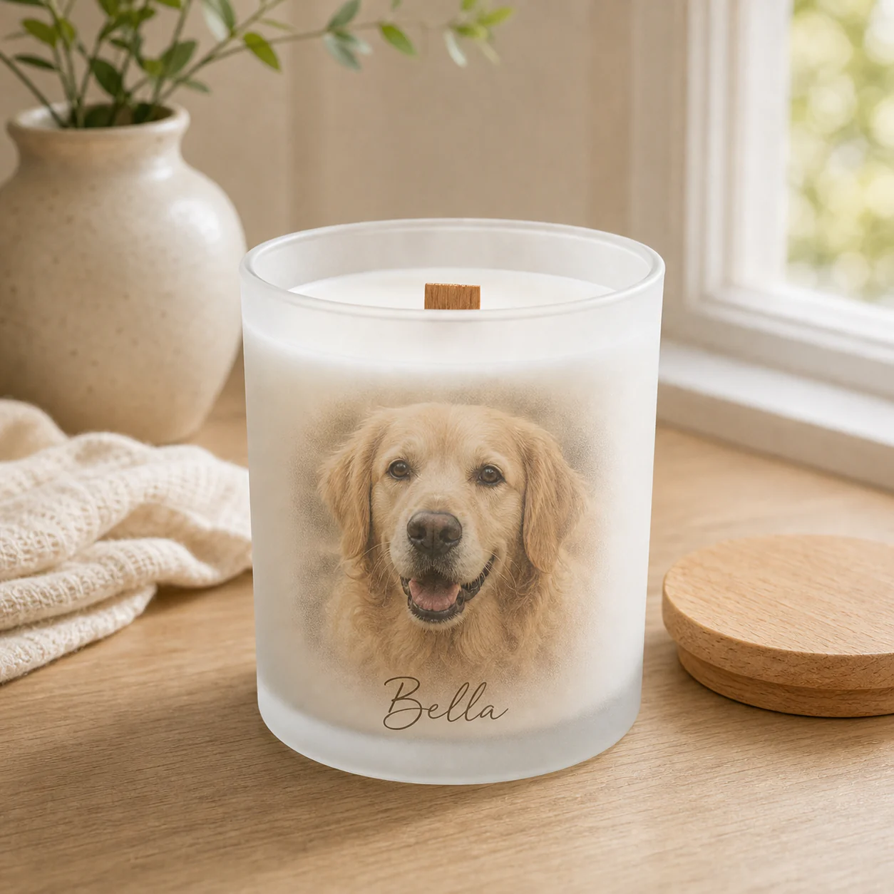 An unlit frosted glass Bella golden retriever memorial candle in a warm home scene with soft light