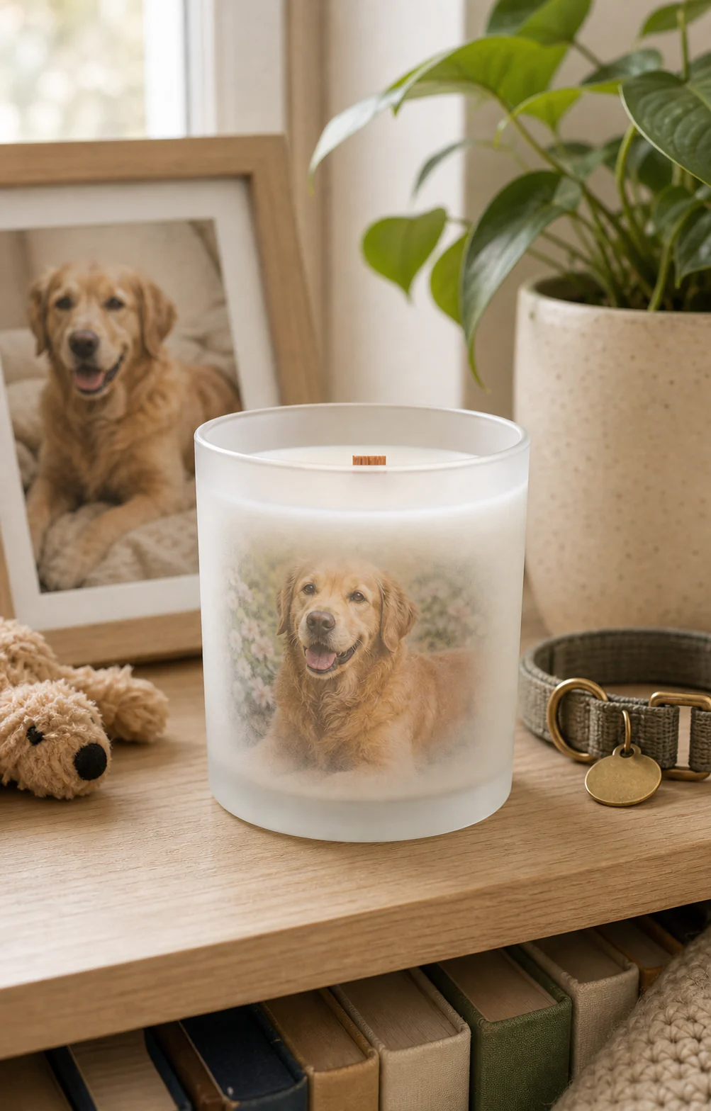 A pet memorial candle on a home shelf with a framed dog photo, collar, toy, and plant