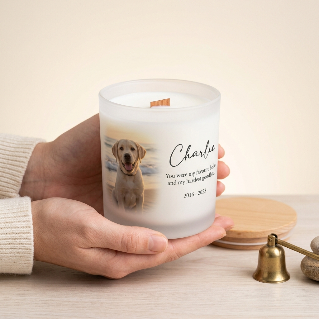 Pet Loss Photo Candle — The photo they gave you, permanent.