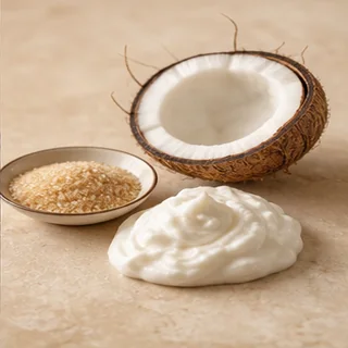 Coconut, vanilla sugar, and creamy neutral texture in warm light.