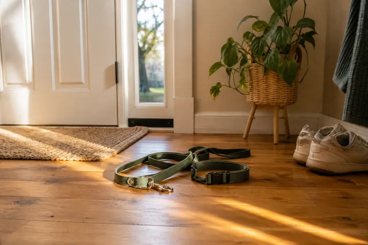 A pet leash and collar resting by a sunny front doorway.