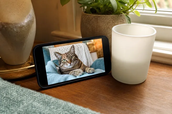 A favorite cat photo on a phone beside an unlit frosted candle vessel.