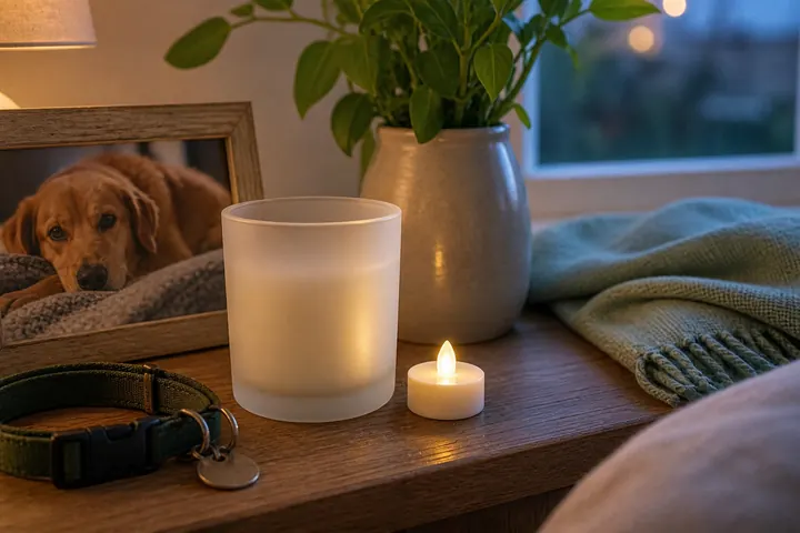 A frosted keepsake vessel, pet photo, collar, and battery-operated light on a bedside table.