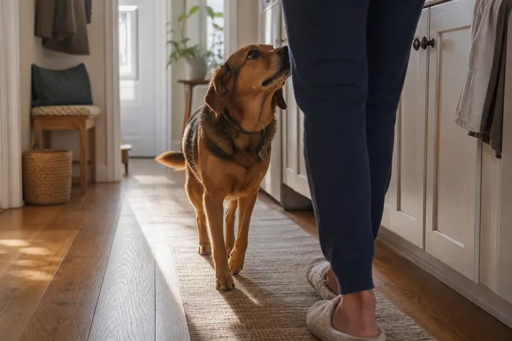 A dog following close behind a person through a warm hallway at home.