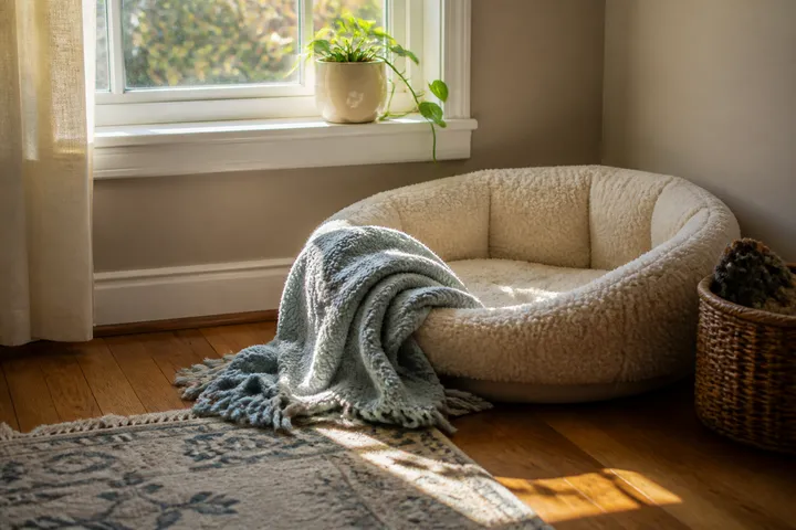 A soft pet bed and blanket resting in a sunny quiet corner.