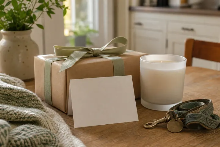A wrapped sympathy gift, blank note card, unlit candle, and pet collar on a kitchen table.